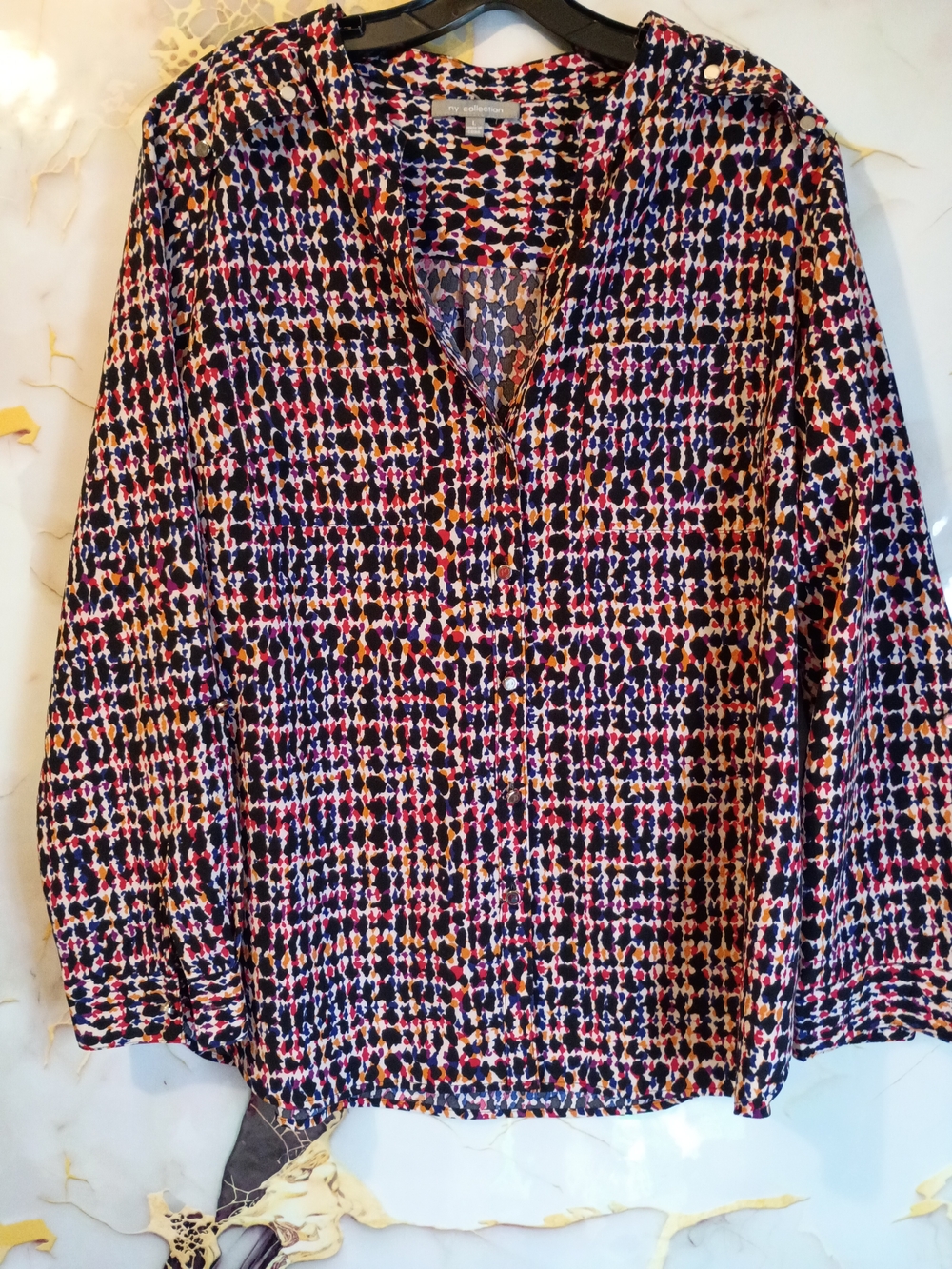 NY Collection Navy Multi Dot-Print V-Neck Blouse